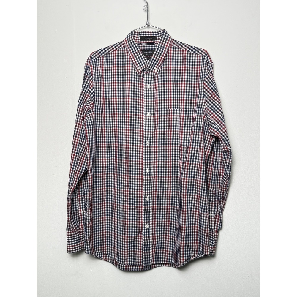 NORDSTROM Mens‎ Regular Fit Non Iron Cotton Gingham Check Dress Shirt L